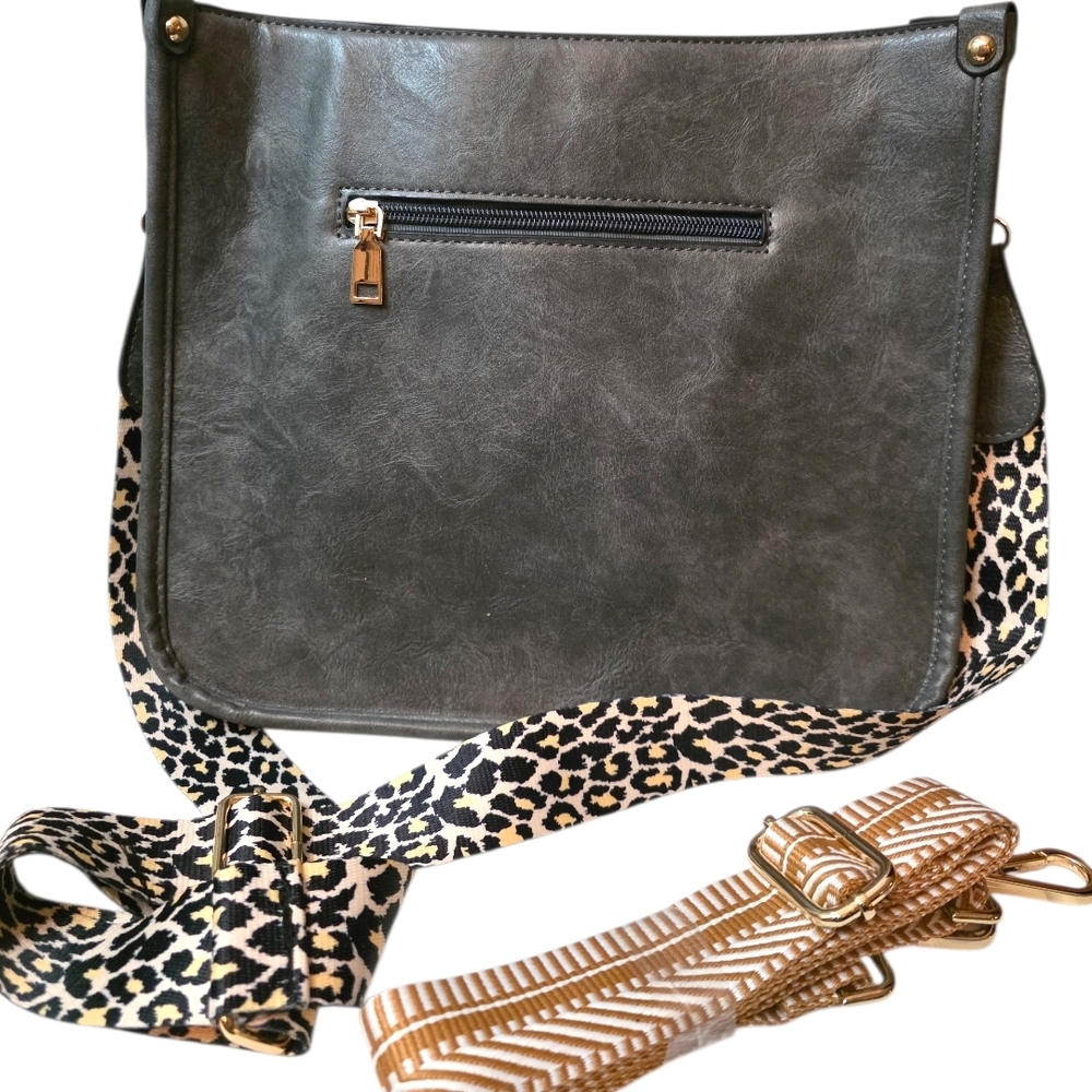 Charcoal Gray Faux Leather Crossbody Bag w/ Leopard & Tan Strap | Gold Hardware - Picture 4 of 12
